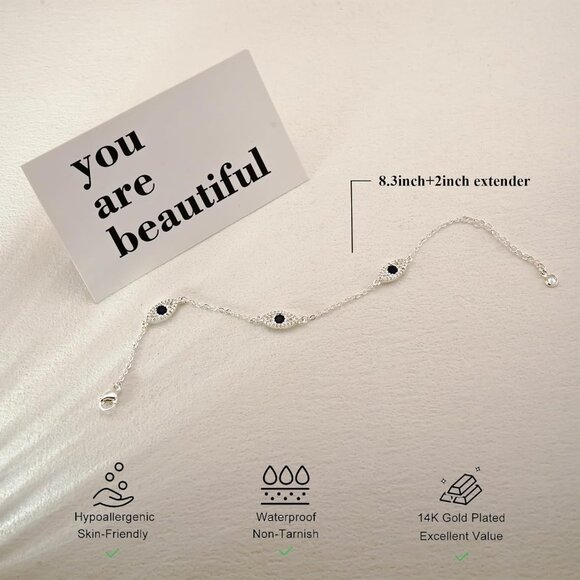 Sterling Silver SL-Evil Eye Link Chain Ring Bracelet Cubic Hand Chain for Women - Picture 6 of 8